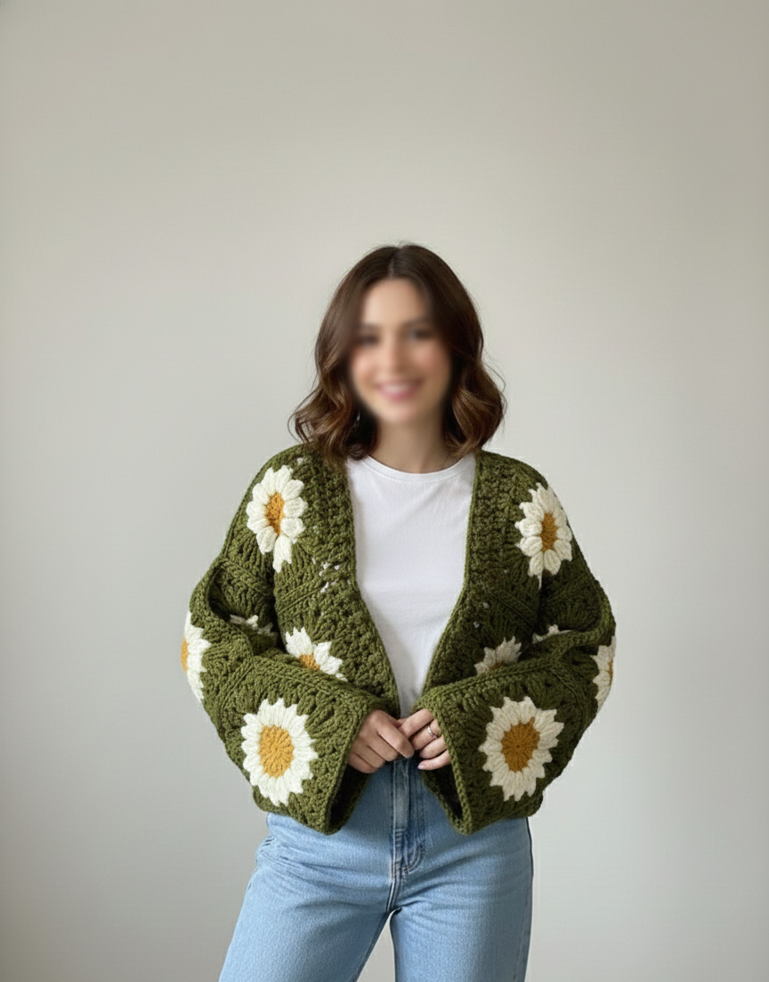Green Crochet Handmade Cardigan-Sweater with Sunflower Granny Squares