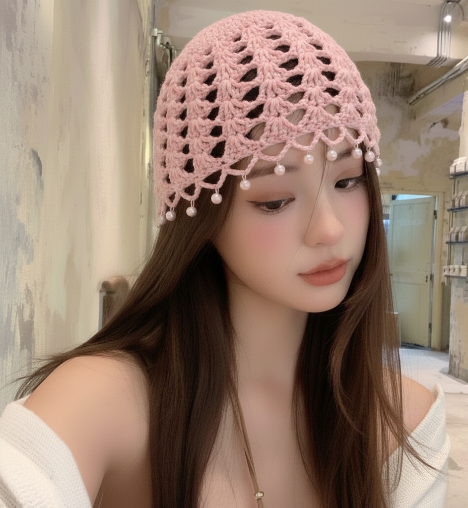 Handmade Crochet Beanie Cap with Pearl Trim For Girls