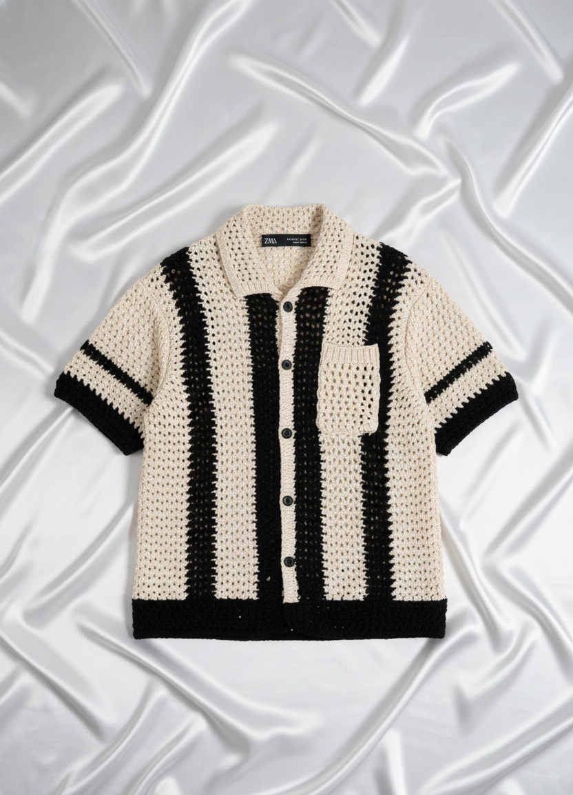 Trendy Cream and Black Crochet Handmade Button Shirt for Summer