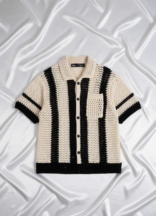 Trendy Cream and Black Crochet Handmade Button Shirt for Summer