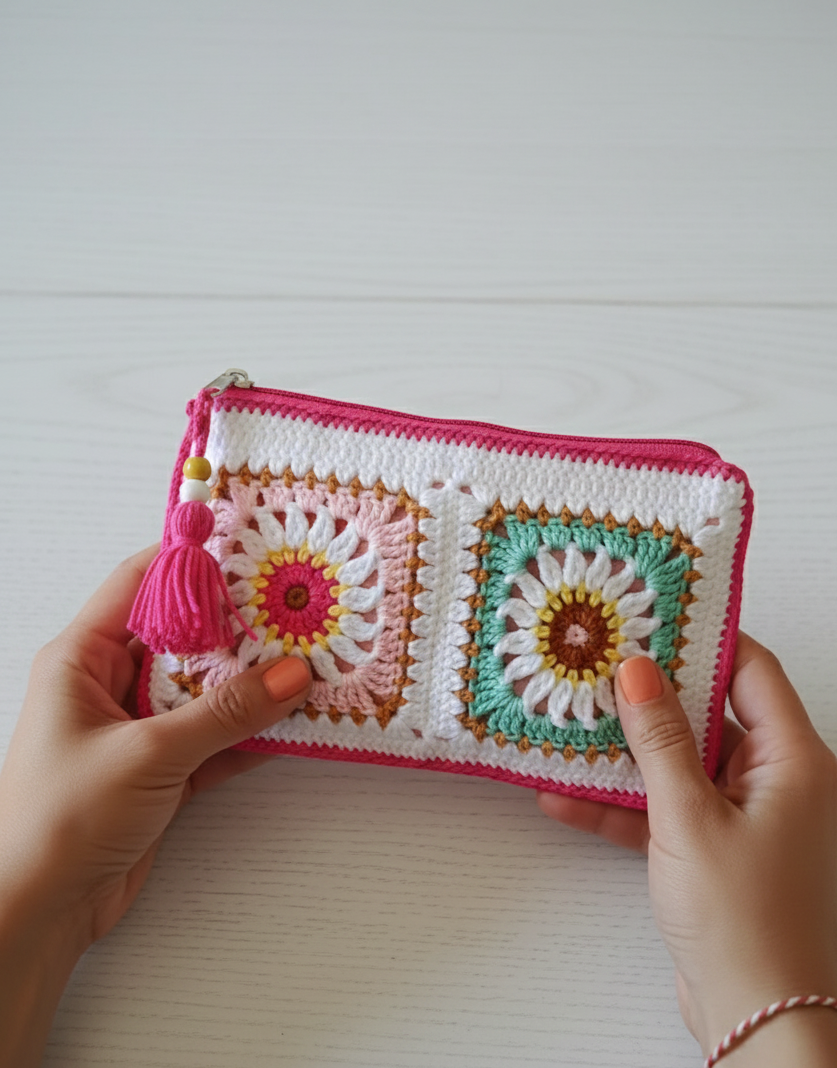 Crochet Handmade Granny Square Tassel Clutch Pouch