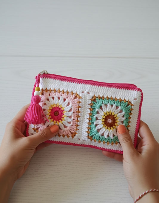 Crochet Handmade Granny Square Tassel Clutch Pouch