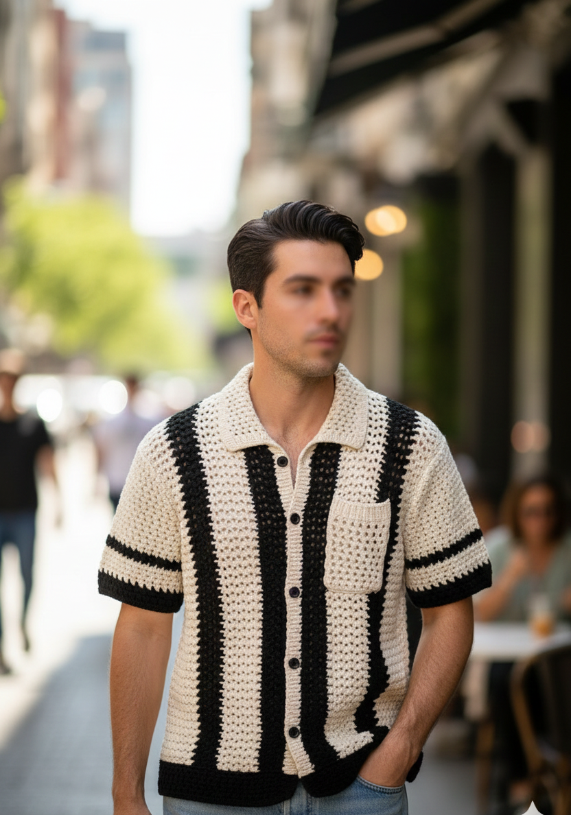 Trendy Cream and Black Crochet Handmade Button Shirt for Summer