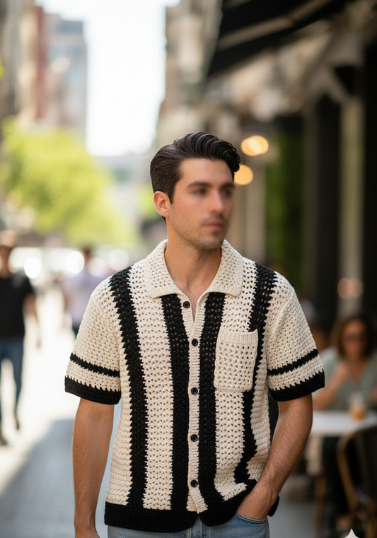 Trendy Cream and Black Crochet Handmade Button Shirt for Summer