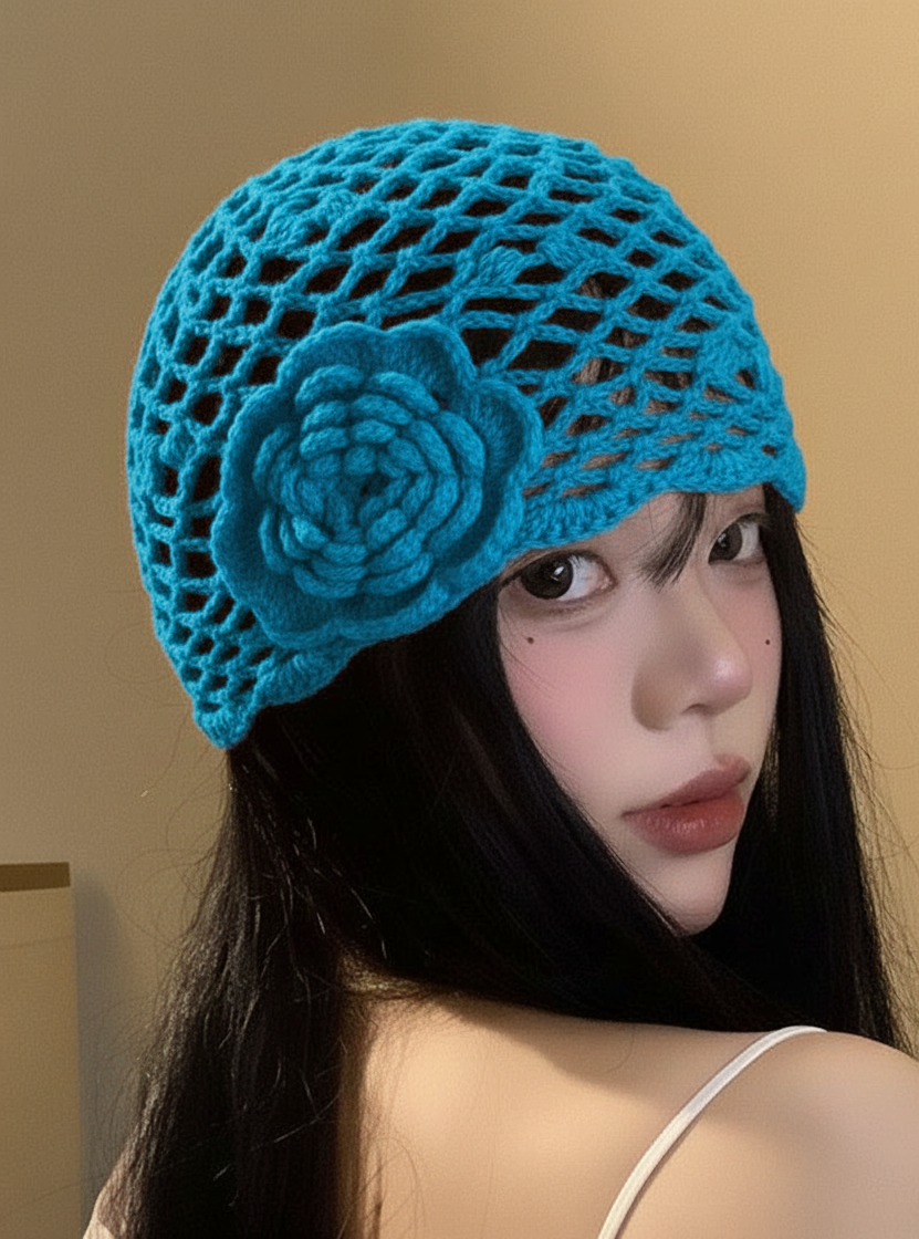 Handmade Crochet Flower Mesh Beanie Cap For Women
