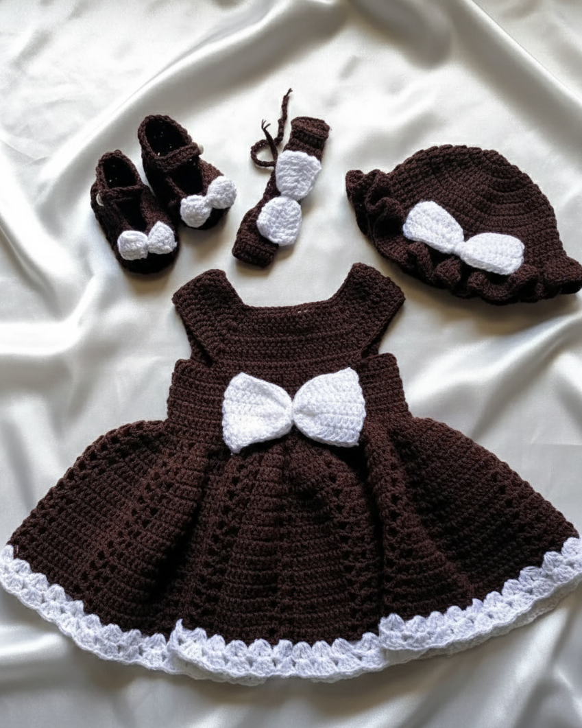 Brown Crochet Baby Dress Set with Hat and Shoes