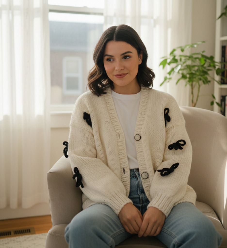 Cream Crochet Handmade Cardigan-Sweater with Black Bow Details