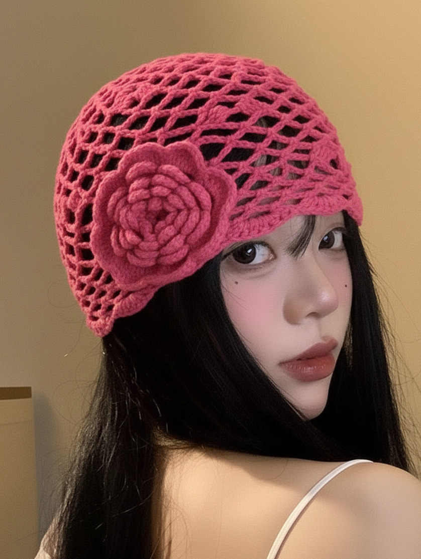 Handmade Crochet Flower Mesh Beanie Cap For Women
