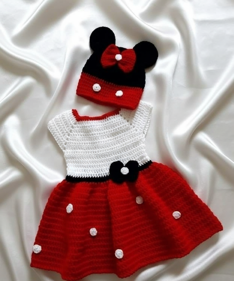Cute Crochet Baby Dress with Hat - Red White Outfit