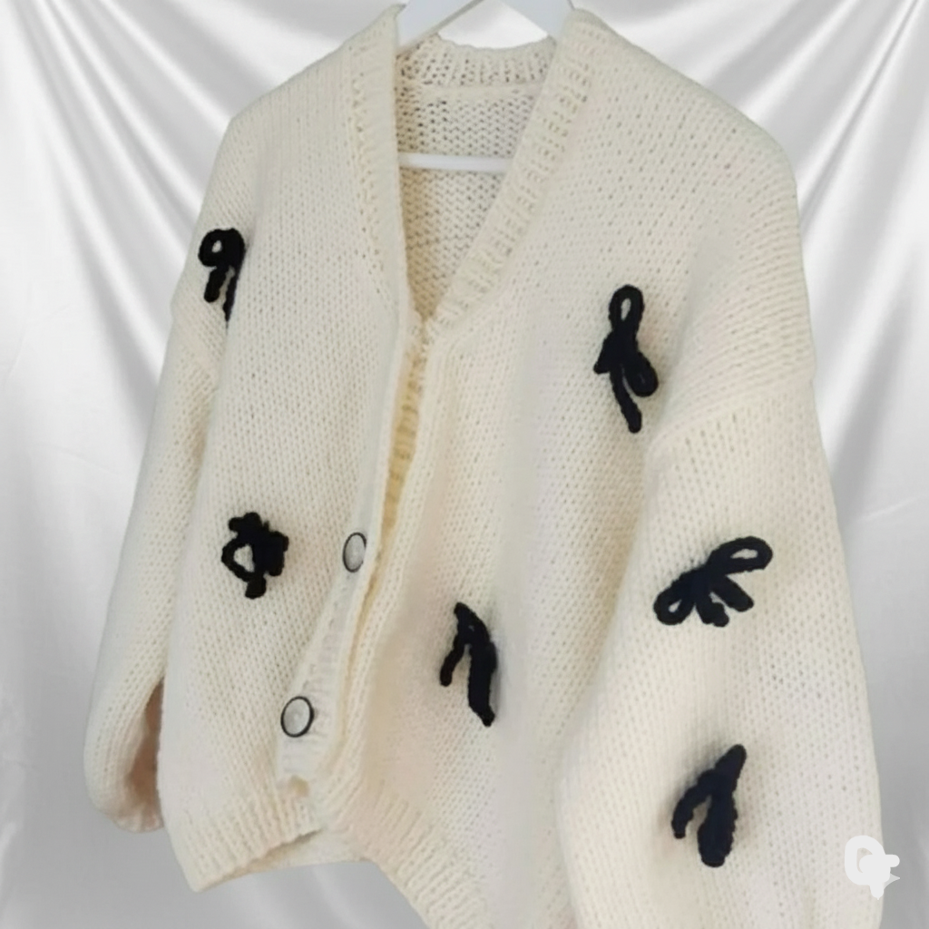 Cream Crochet Handmade Cardigan-Sweater with Black Bow Details