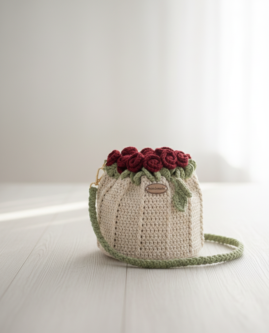 Crochet Handmade 3D Rose Flower Bucket Crossbody Bag