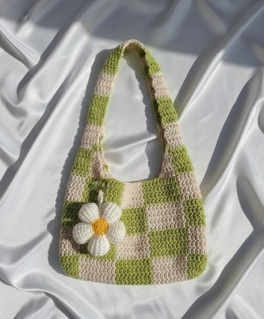 Crochet Handmade Checkered Daisy Charm Shoulder Bag