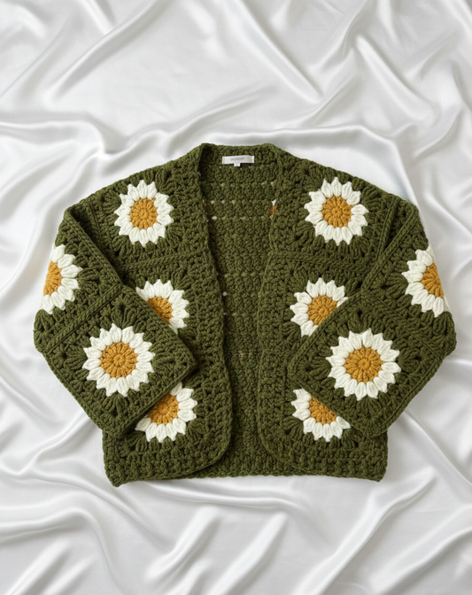 Green Crochet Handmade Cardigan-Sweater with Sunflower Granny Squares
