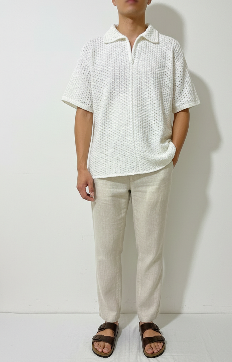 White Crochet Handmade Short Sleeve Polo Shirt