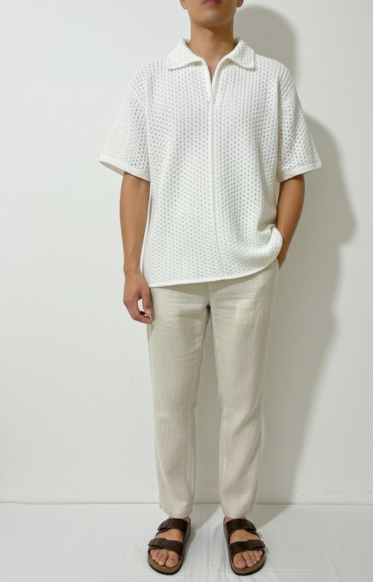 White Crochet Handmade Short Sleeve Polo Shirt