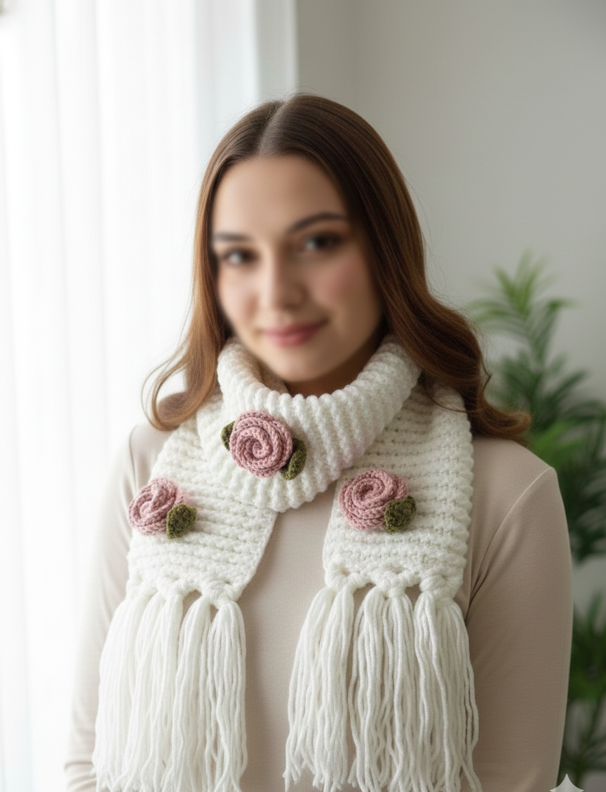White Crochet Handmade Scarf with Pink Rose Flowers Design