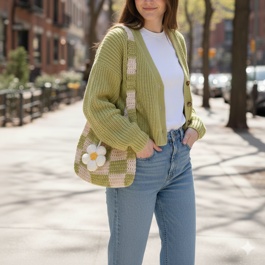 Crochet Handmade Checkered Daisy Charm Shoulder Bag