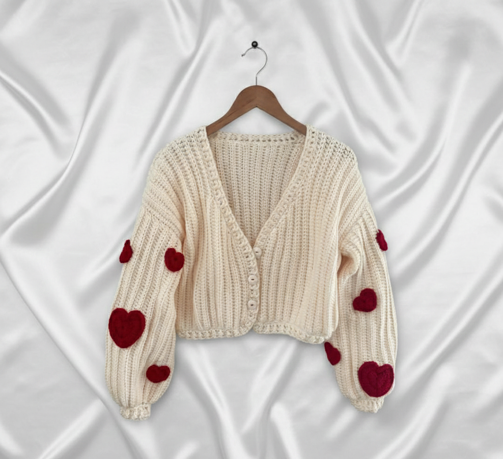 Cream Crochet Handmade Cardigan with Red Heart Sleeves