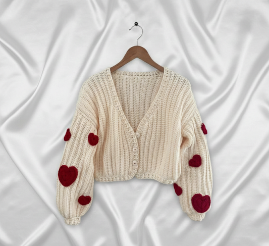 Cream Crochet Handmade Cardigan with Red Heart Sleeves