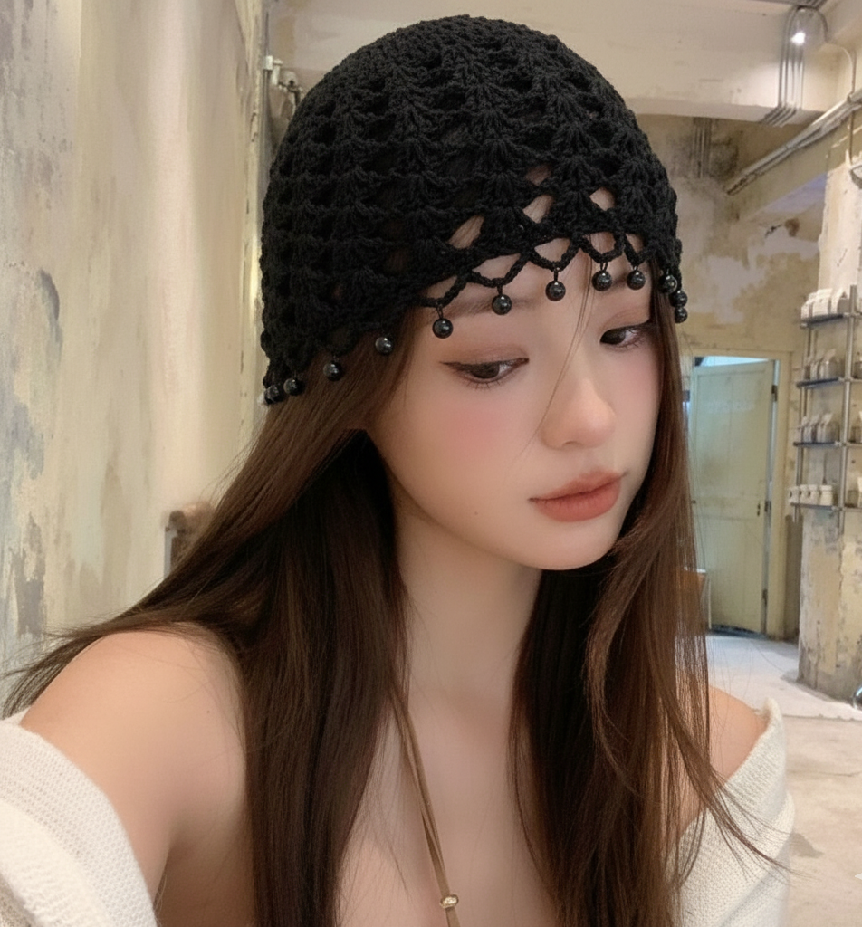 Handmade Crochet Beanie Cap with Pearl Trim For Girls