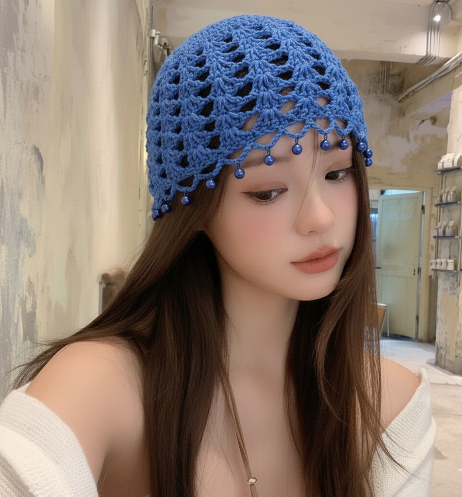 Handmade Crochet Beanie Cap with Pearl Trim For Girls