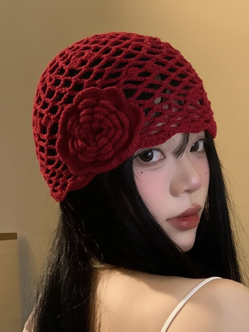 Handmade Crochet Flower Mesh Beanie Cap For Women