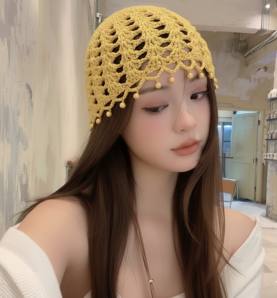 Handmade Crochet Beanie Cap with Pearl Trim For Girls