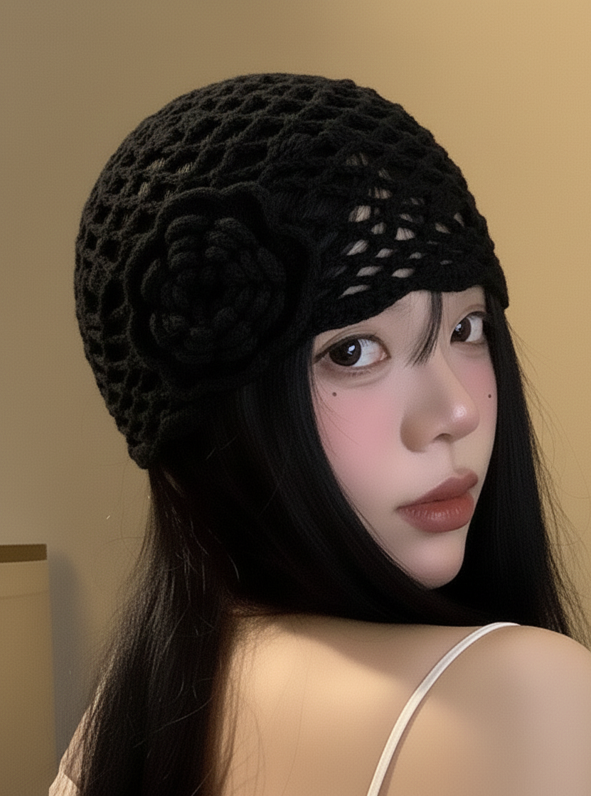 Handmade Crochet Flower Mesh Beanie Cap For Women