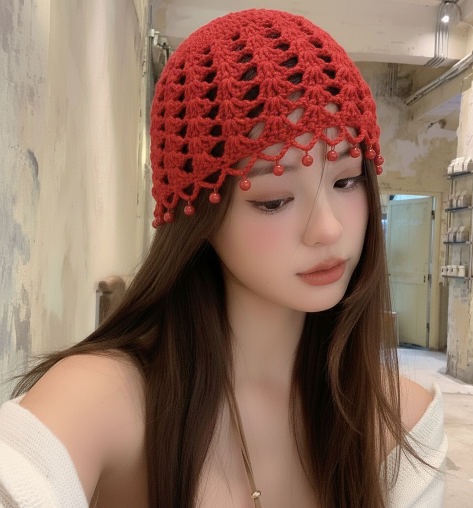 Handmade Crochet Beanie Cap with Pearl Trim For Girls