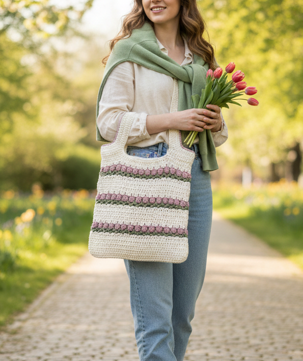 Crochet Handmade Tulip Stitch Knit Floral Tote Bag