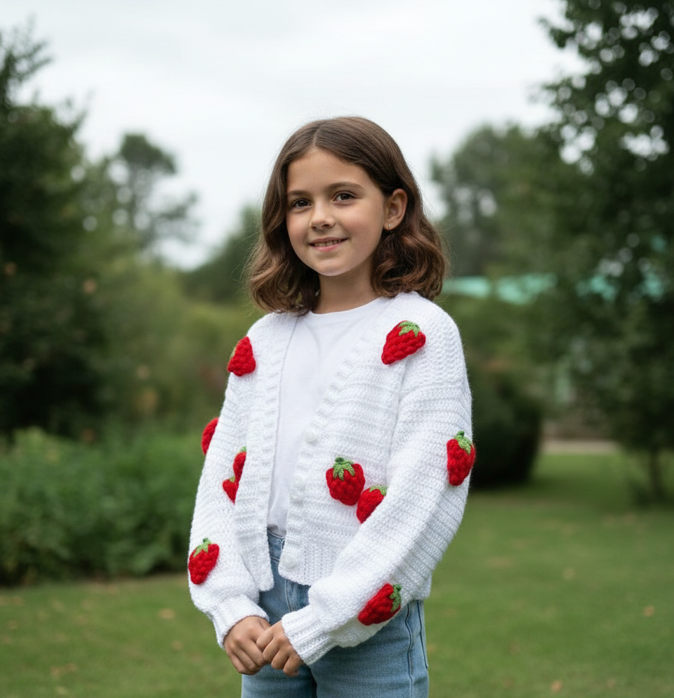 Handmade White Crochet Strawberry Cardigan-Sweater for Girls