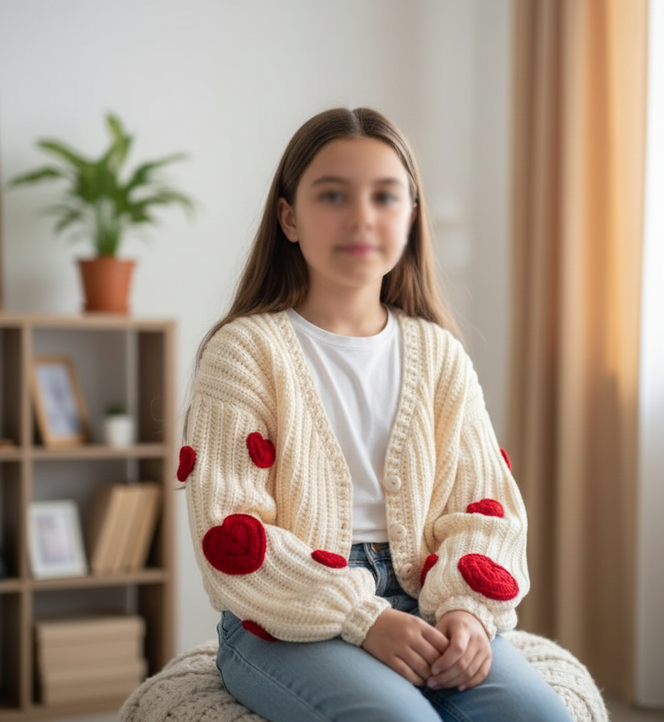 Cream Crochet Handmade Cardigan with Red Heart Sleeves