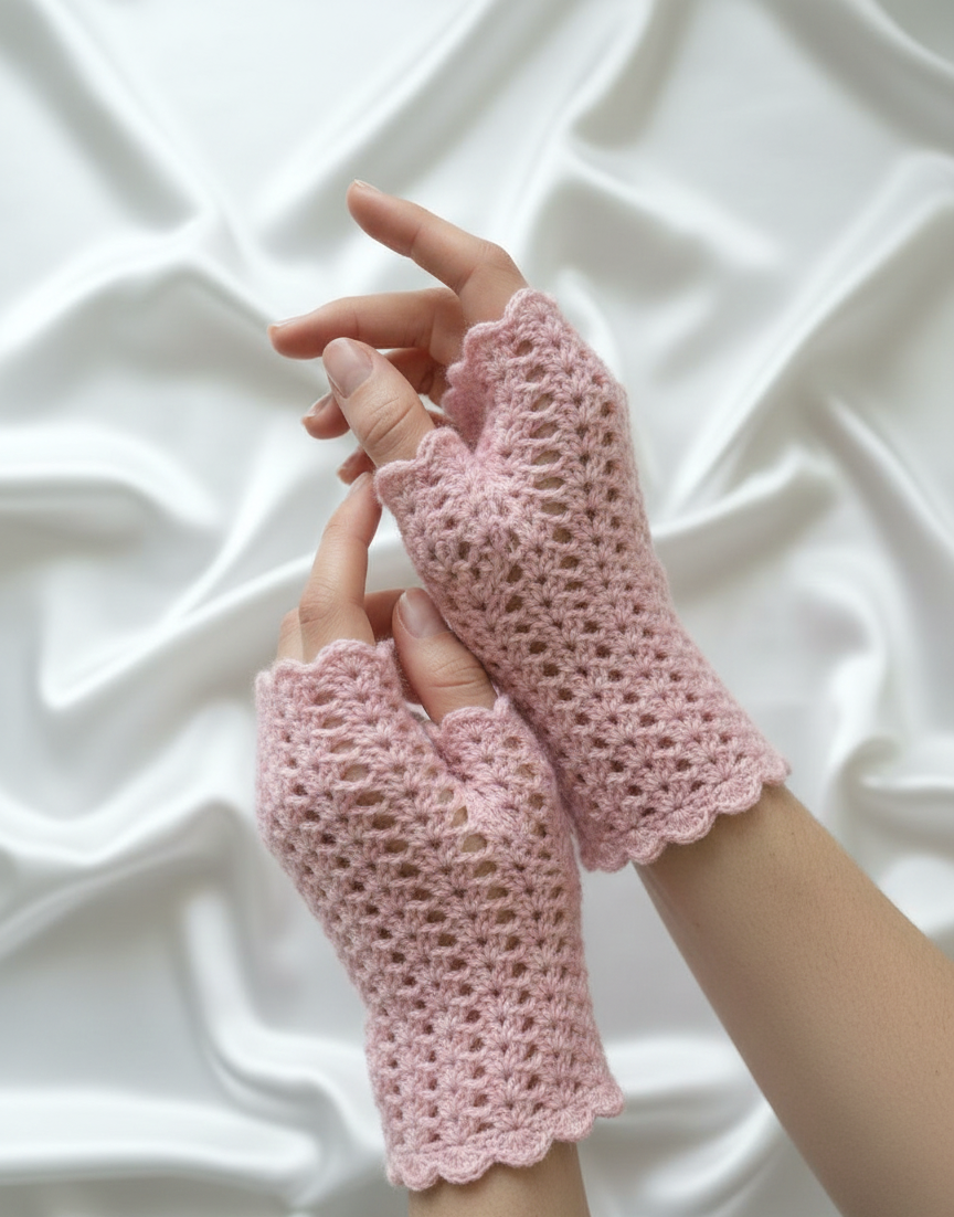 Pink Crochet Handmade Fingerless Gloves for Winter Wear for girls