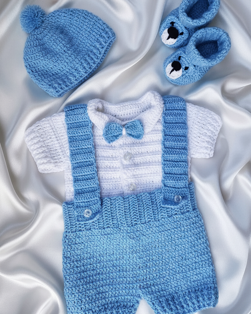 Blue Crochet Baby Boy Outfit with Hat and Shoes