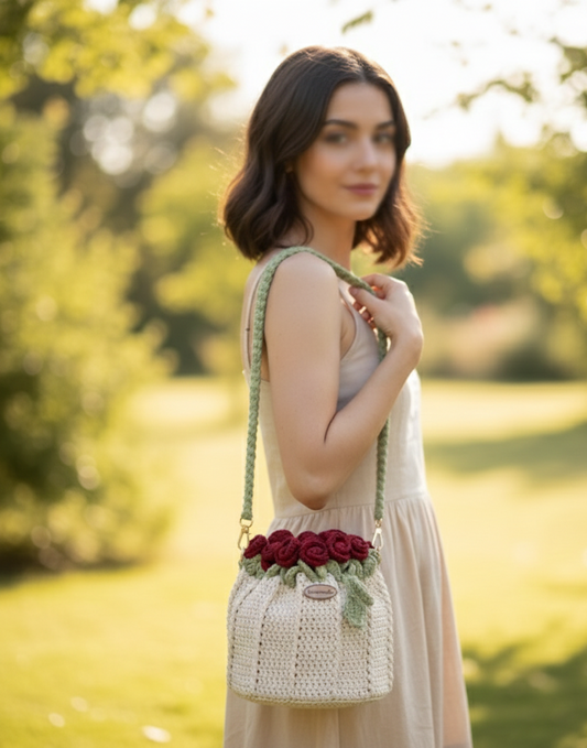 Crochet Handmade 3D Rose Flower Bucket Crossbody Bag