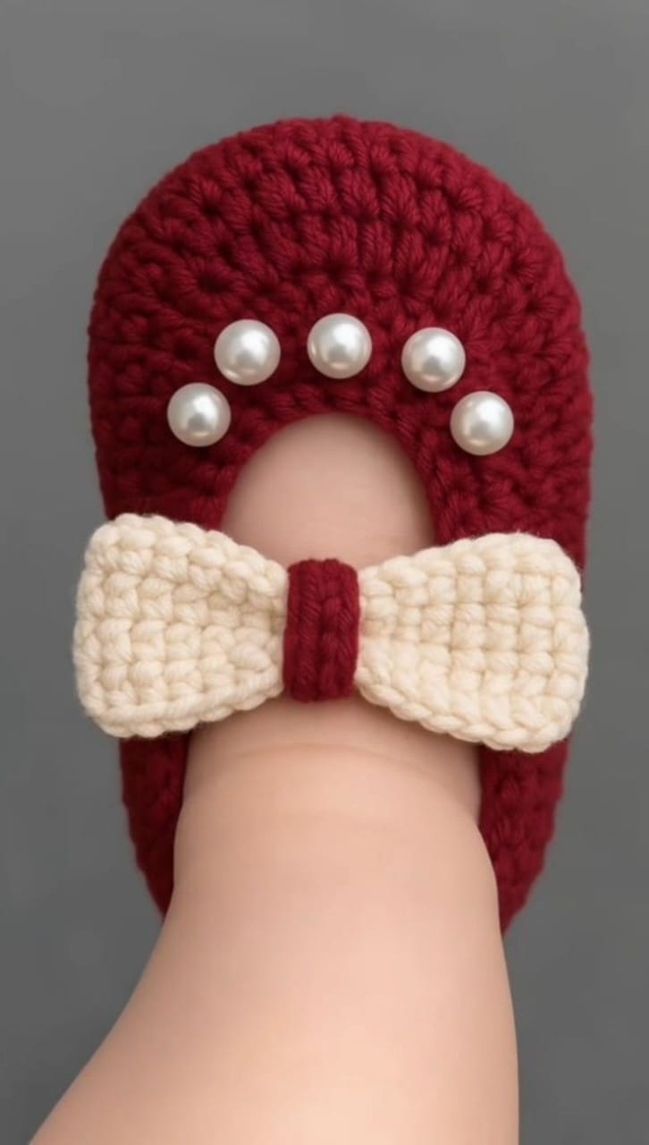 Handmade Crochet Baby Booties with Pearl Bow