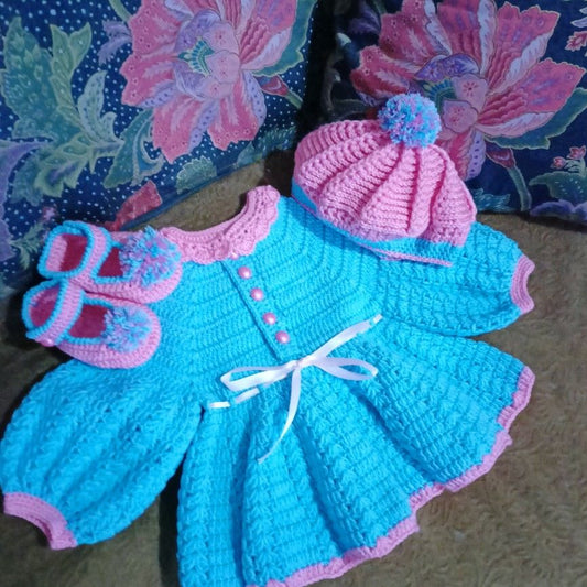 Handmade Crochet Baby Dress Set with Hat Shoes