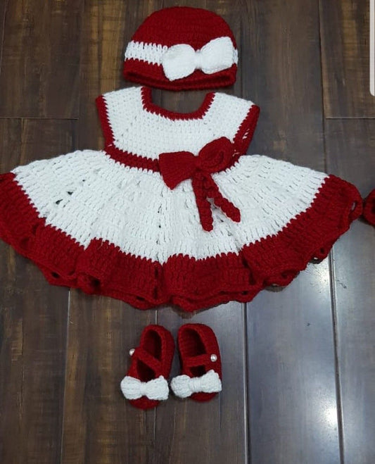 Handmade Crochet Baby Dress Set with Hat & Shoes