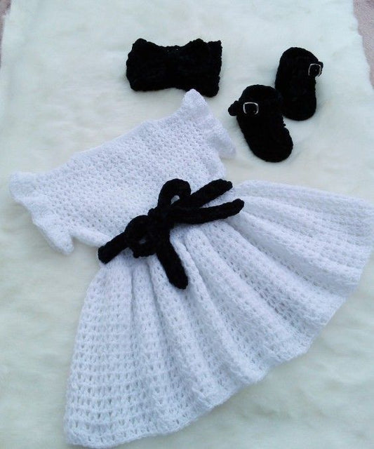 Handmade Crochet Black and White Baby Dress with Bow Set