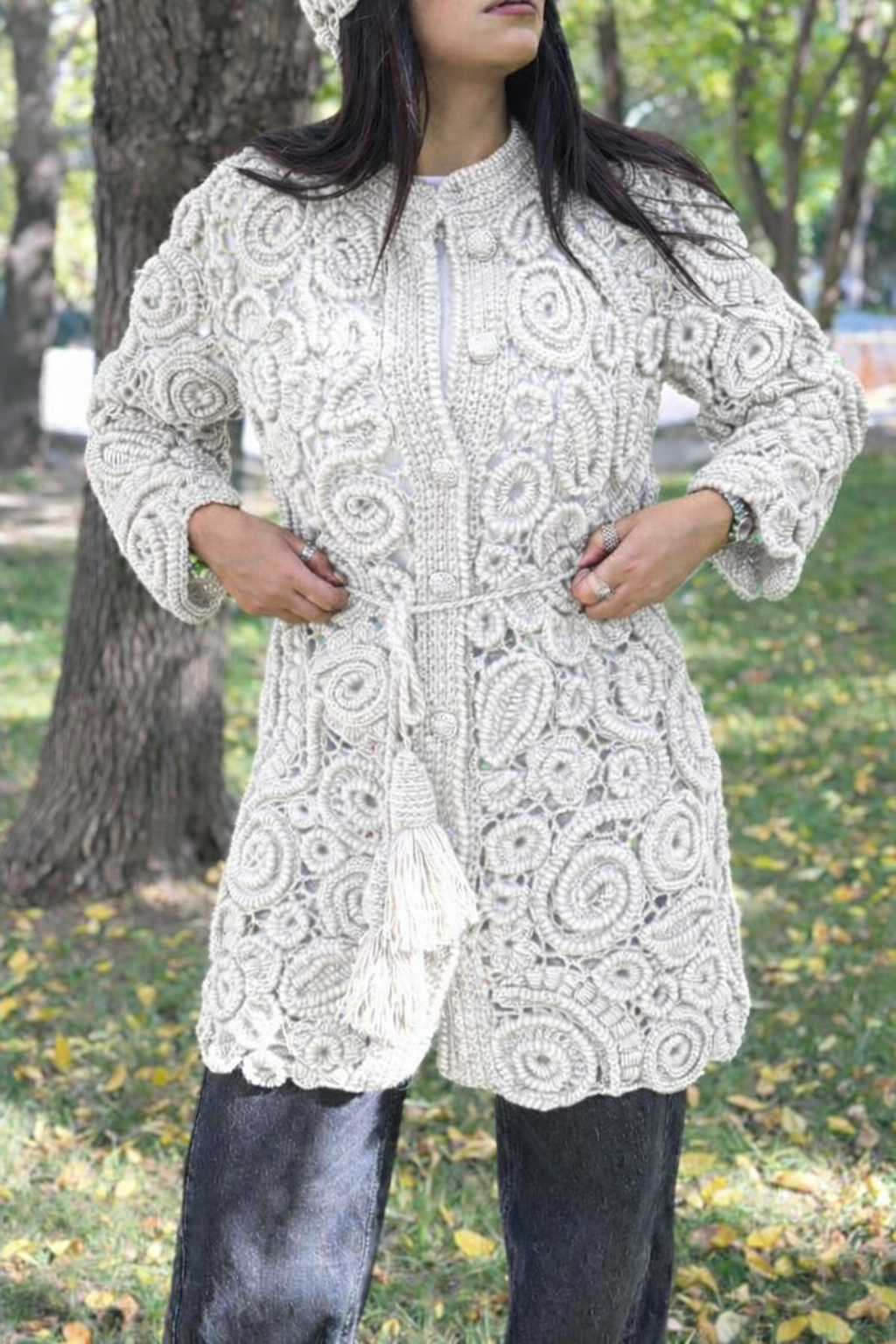Handmade Crochet Irish Lace Style Long Cardigan for Women