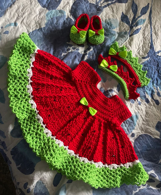 Handmade Crochet Watermelon Theme Baby Girl Dress Set