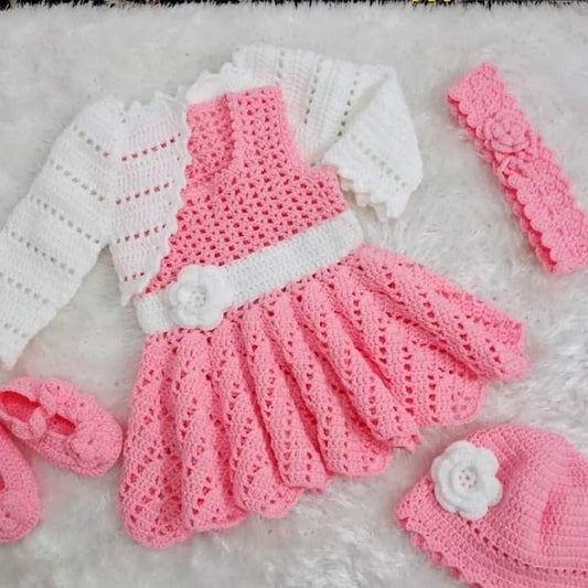 Handmade Pink Crochet Baby Dress Set with Shoes