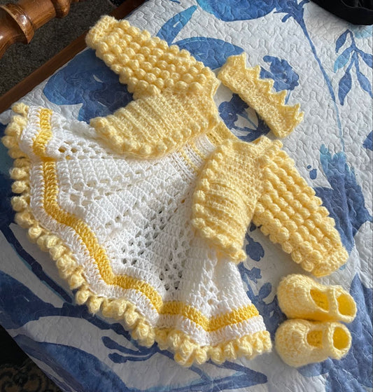 Handmade Yellow & White Baby Crochet Dress Set