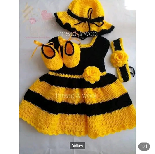 Handmade Crochet Baby Girl Dress Set – Yellow & Black