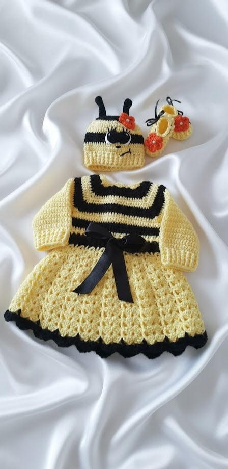 Handmade Bee Theme Crochet Dress for Baby Girls