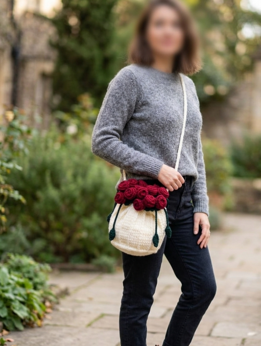 Crochet Handmade 3D Rose Flower Bucket Crossbody Bag