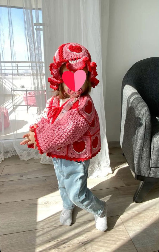 Kids Crochet Handmade Heart Cardigan & Hat Set