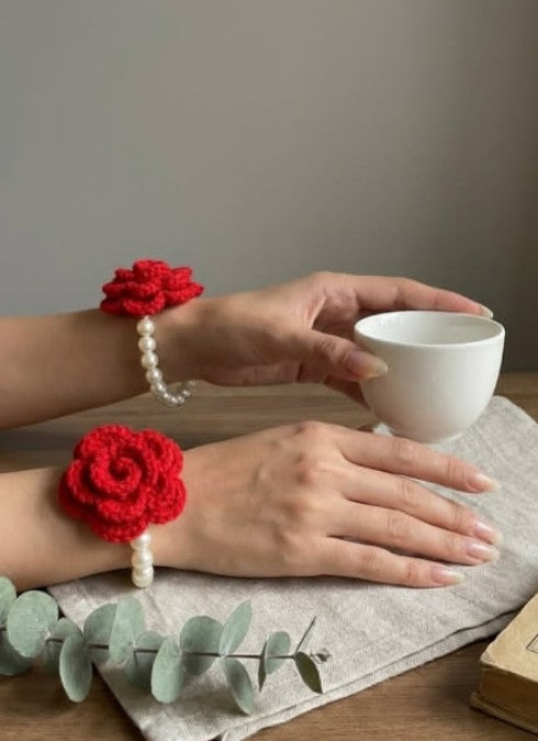Handmade Crochet Rose Wrist Gajra for Women Pearls