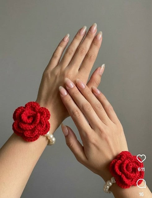 Handmade Crochet Rose Wrist Gajra for Women Pearls
