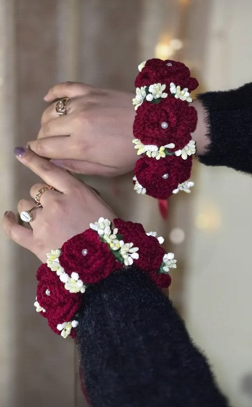 Handmade Maroon Crochet Rose Flower Gajra Brackets